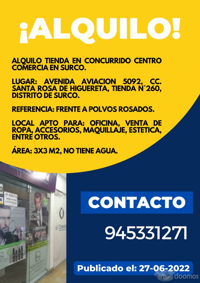 ALQUILER DE LOCAL DE 3X3 M2 EN SURCO 650 SOLES