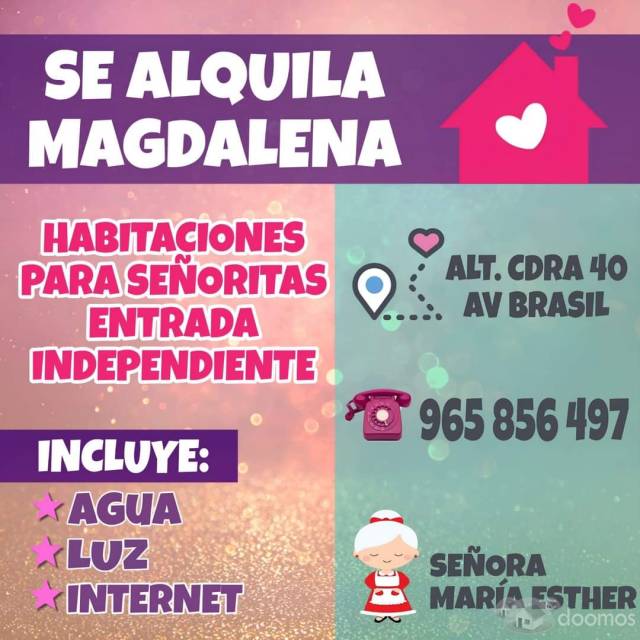 Se Alquilan Habitaciones en Magdalena (solo señoritas)