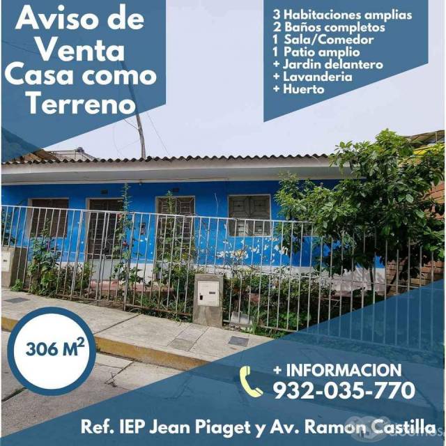 SE VENDE CASA COMO TERRENO IDEAL PARA INVERSIONES EN DEPARTAMENTOS Y/O HOTELES EN HUARAZ