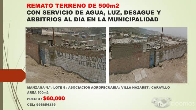 SE REMATA TERRENO 500 METROS A 60 MIL DOLARES CEL.998854339