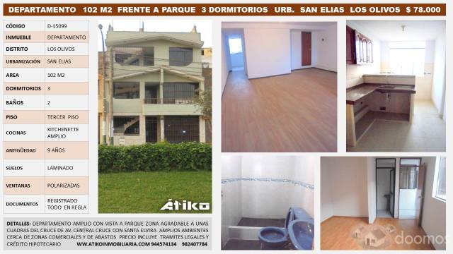 DEPARTAMENTO  102 M2  FRENTE A PARQUE  3 DORMITORIOS  URB.  SAN ELIAS  LOS OLIVOS  $ 78.000