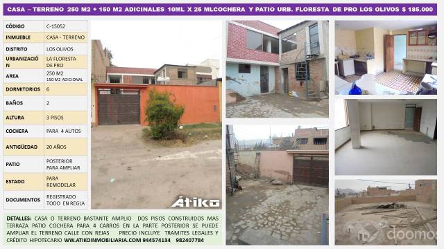 CASA – TERRENO 250 M2 + 150 M2 ADICIONALES 10ML X 25 MLCOCHERA Y PATIO URB. FLORESTA DE PRO LOS OLIVOS $ 185.000