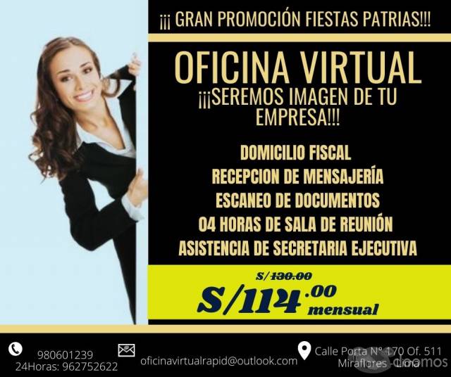 ALQUILER DE OFICINAS VIRTUALES POR S/ 114.00 -PROMOCION DE JULIO MIRAFLORES