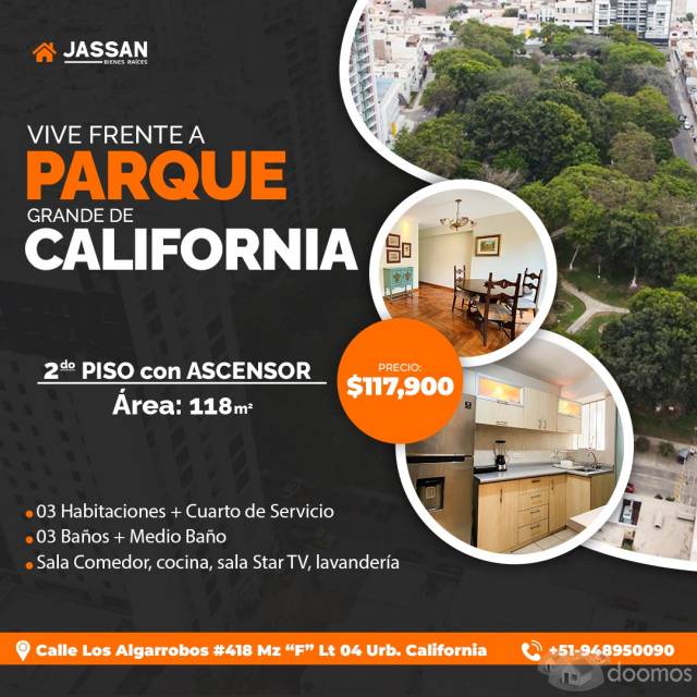 2do Piso con ASCENSOR Frente a PARQUE GRANDE CALIFORNIA, área:118 m2, US$117,900