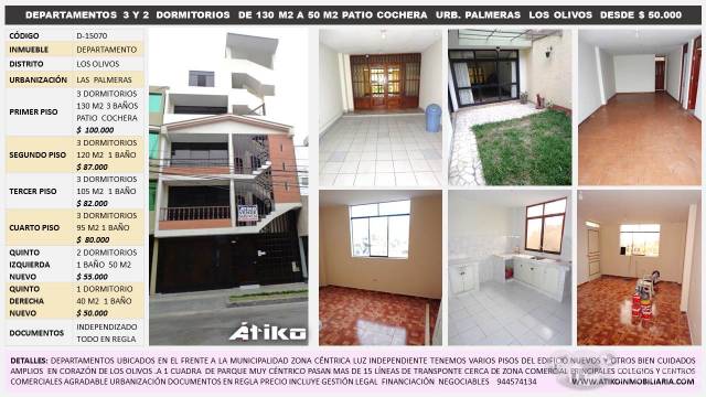 DEPARTAMENTOS DE  3 Y 2 DOR. DESDE 125 M2 A 50 M2 LAS PALMERAS LOS OLIVOS