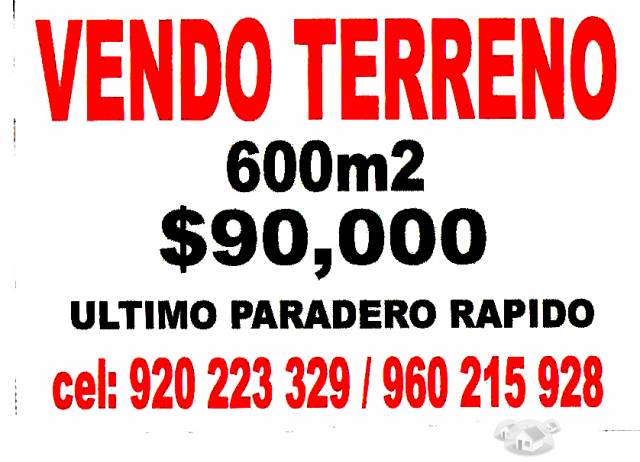 TERRENO 600 M2 $ 90,000 SANTO DOMINGO ULT.PARADERO RAPIDO CARABAYLLO