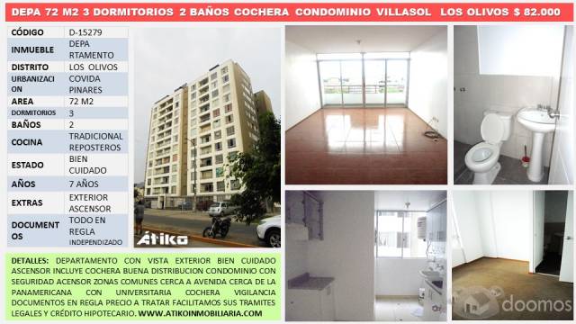 DEPARTAMENTO 72 M2 3 DOR. 2 BAÑOS COCHERA CONDOMINIO PARQUES DE VILLASOL – LOS OLIVOS $ 82,000